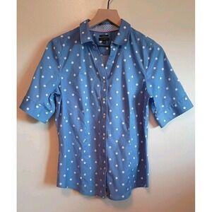 Talbots Blue Polka Dot Button Front Blouse Size 10 Non Iron Cotton Stretch